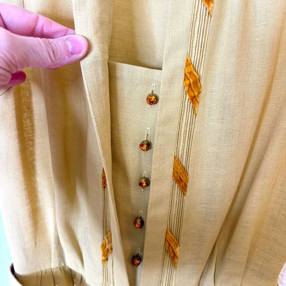 Vintage 1950s/60s Carlye Yellow Linen Dress Rhinestone Buttons Velvet Leaf Sz S - Picture 4 of 9